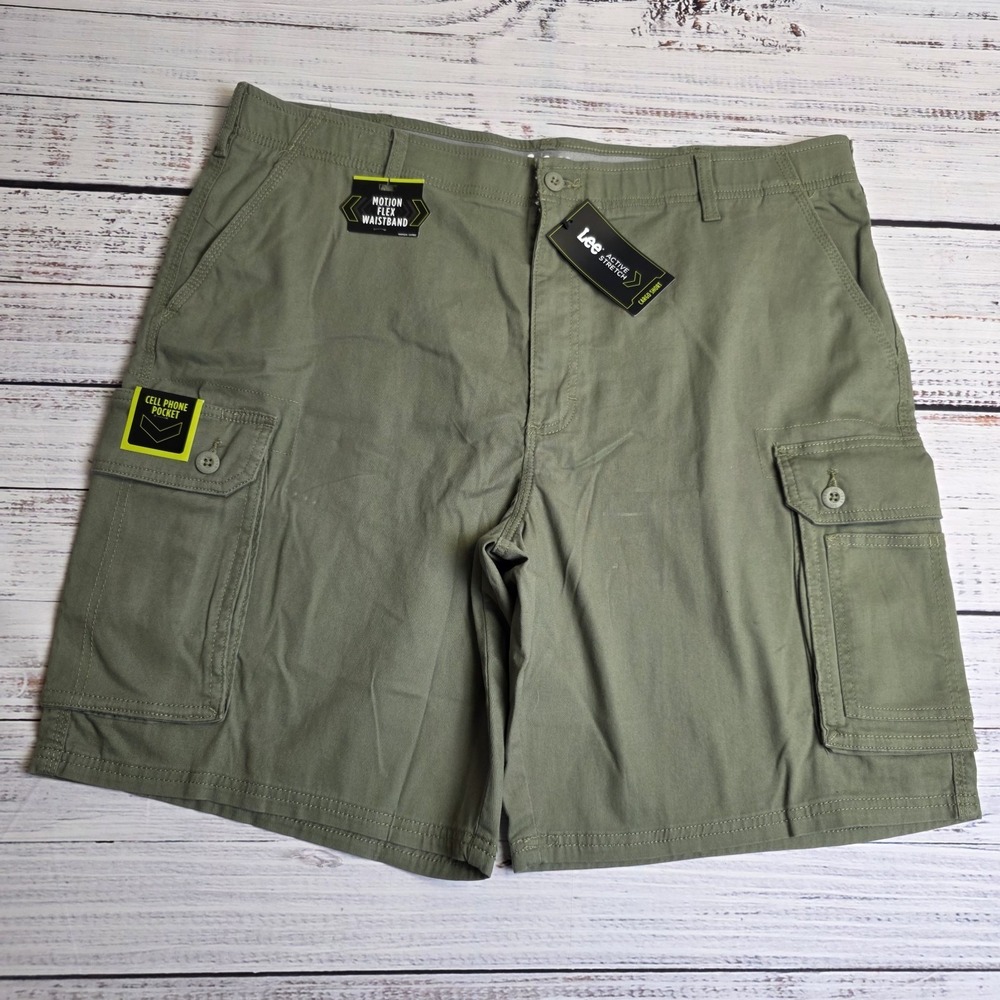 New Lee Men Size 42 Relaxed Fit Active Stretch Cargo Shorts Green Flex Waistband